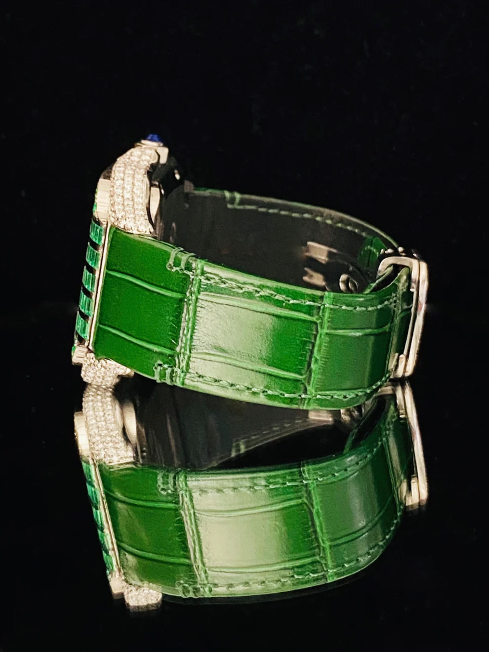 Dark Green Lather Belt Moissanite Roman Number Watch