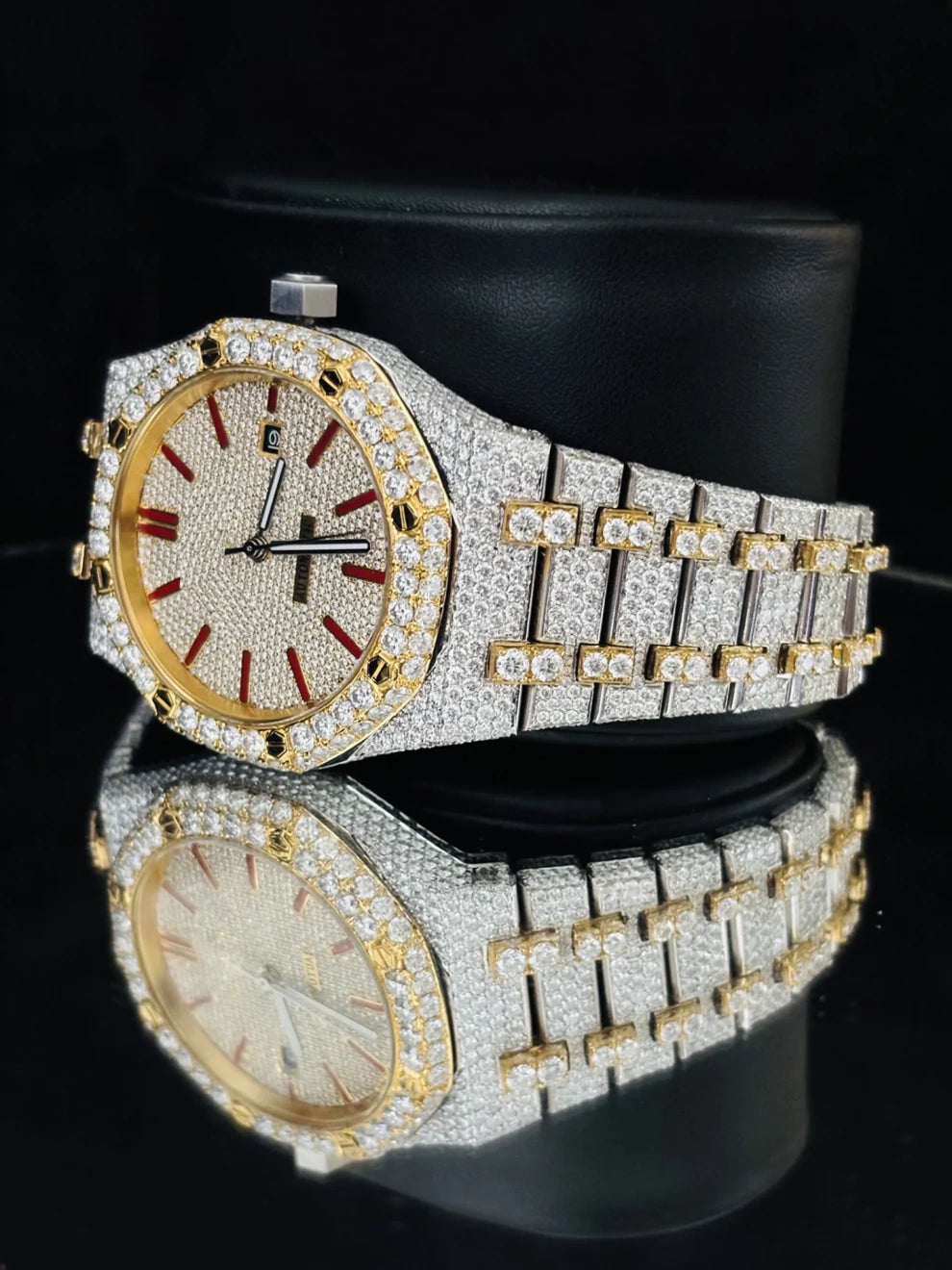 Yellow Gold Plated Red Bar Hip Hop Moissanite Watch