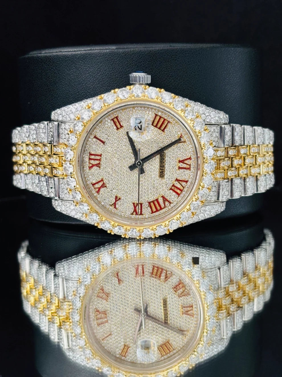 Men Two Tone Red Roman Number Moissanite Rappers Watch