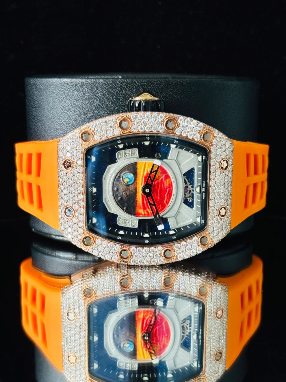 Orange Silicon Fully Ice Out Moissanite Stainless Steel Watch