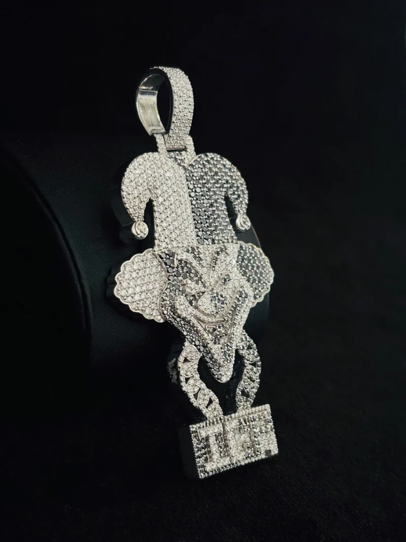 Iced out ICP Joker jester pendant in 925 sterling silver with black and white Moissanite diamonds