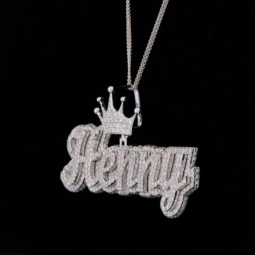 Custom iced out name pendant necklace with crown in white gold