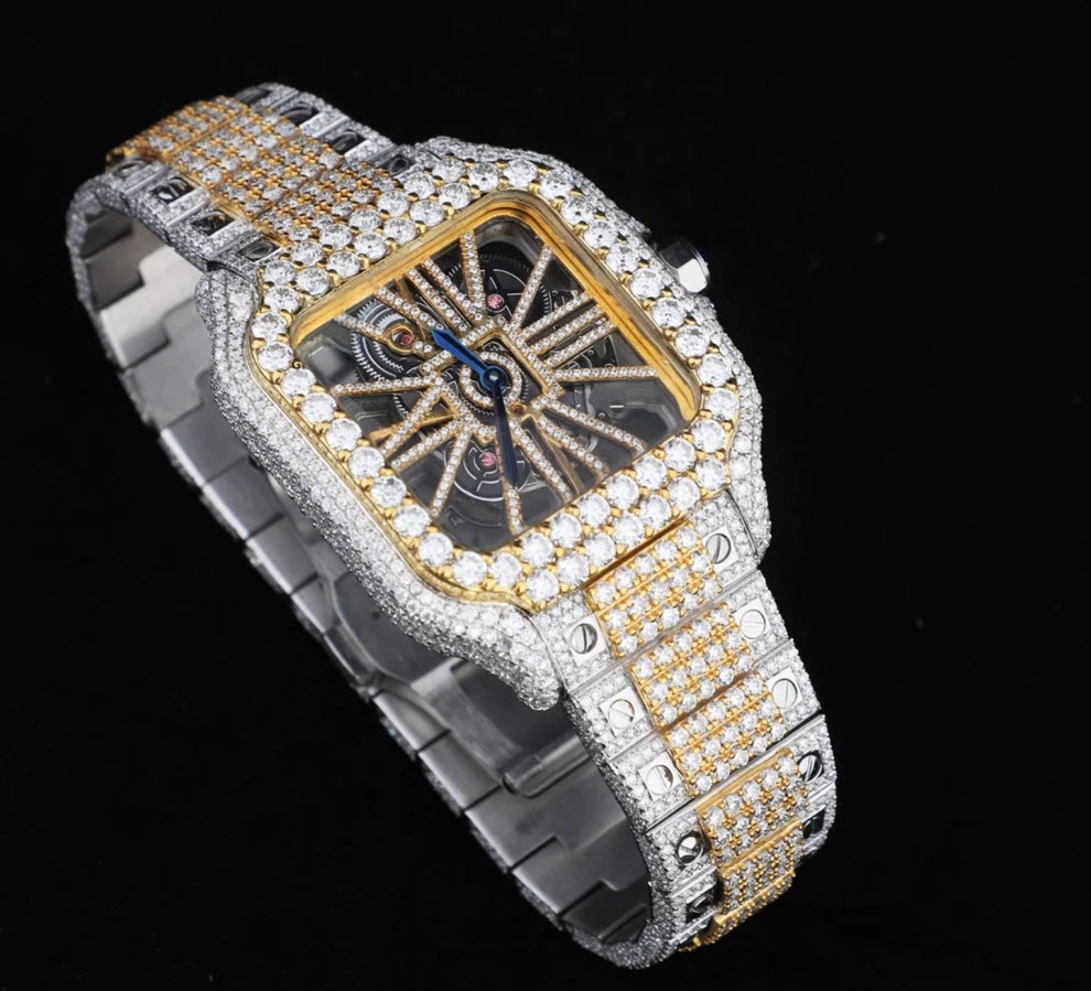 Fully VVS Moissanite Studded Two Tone Skeleton Diamond Watch