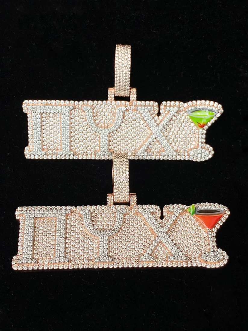 Two-tone custom iced out Cyrillic ПУХ letter pendant with green and red martini glass accents