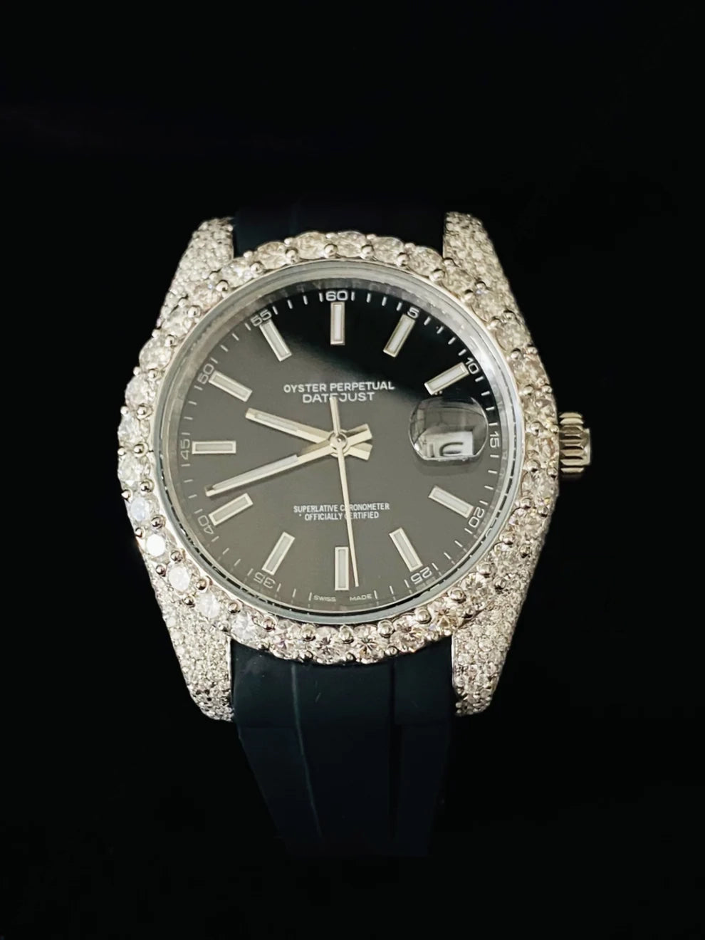 Big Bezel Black Dial Moissanite Watch With Black Silicon Strap