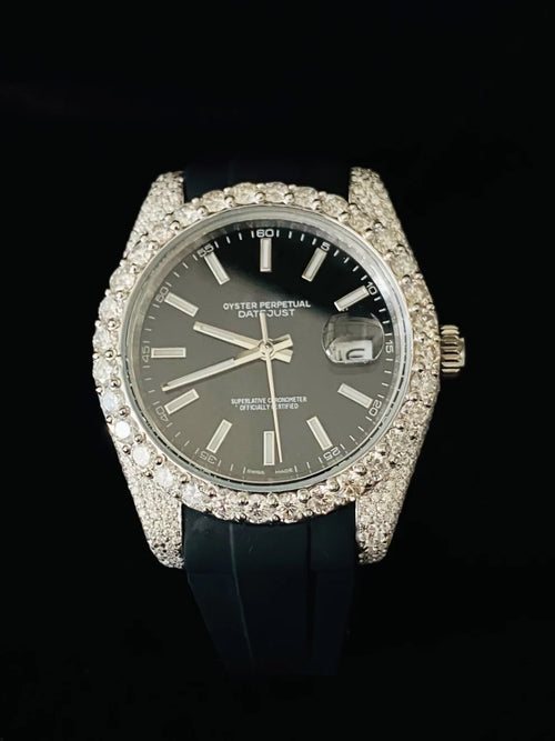 Luxury Rolex Date just wristwatch featuring a diamond-encrusted case and rubber band