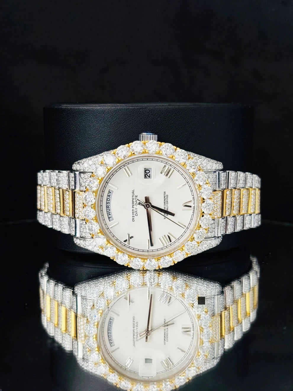 Dual Tone White Dial Roman Number Moissanite Watch