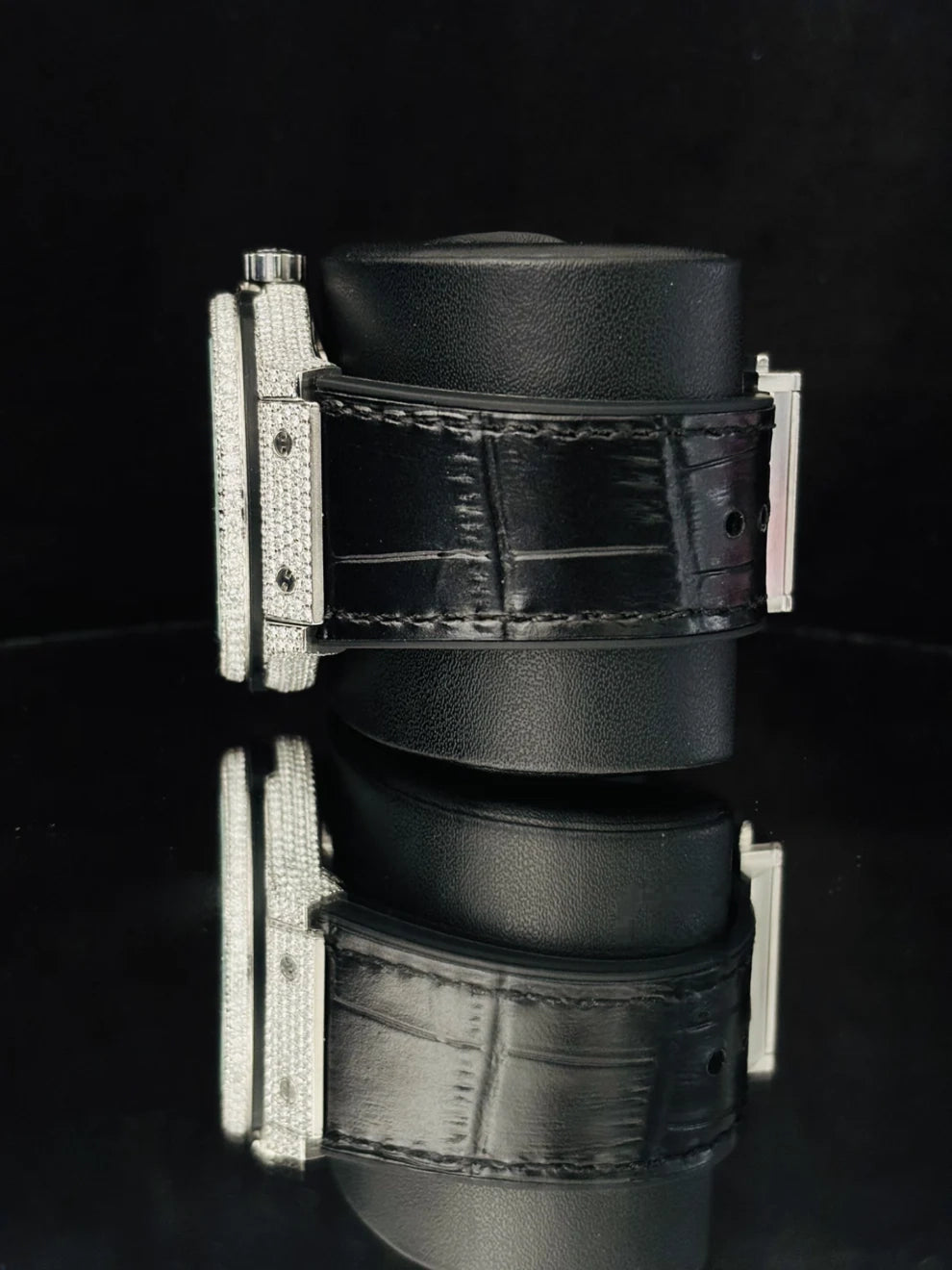 Black Dial Moissanite Wrist Watch With Black Leather Belt