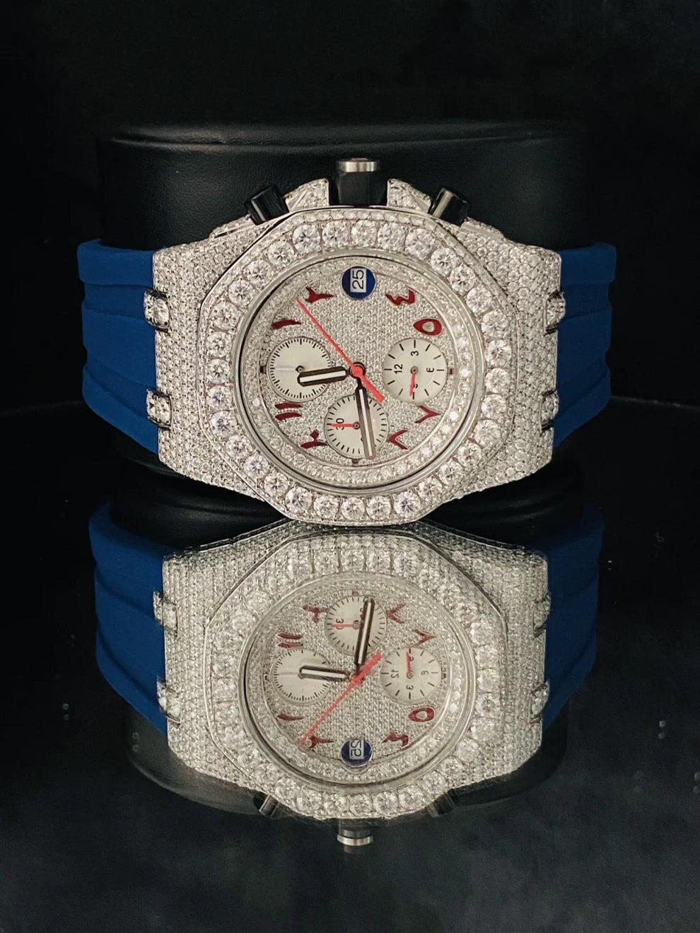 VVS Face Dial Moissanite Watch With Blue Silicon Straps