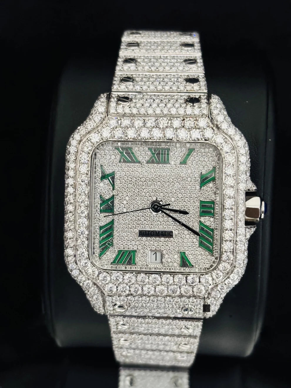 Green Roman Number Fully Studded Moissanite Watch