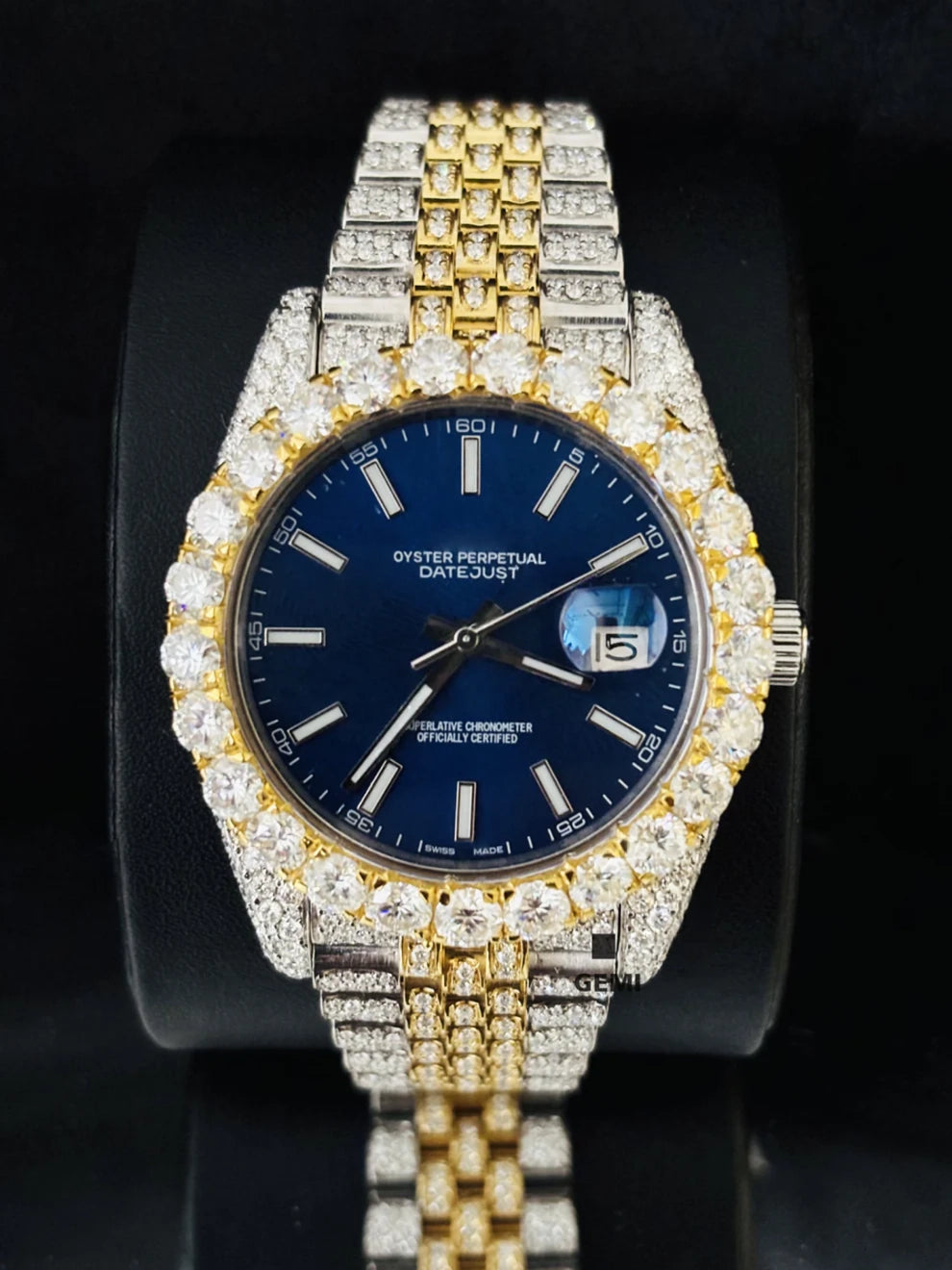 41MM Two Tone Blue Dial Studded Iced Out Moissanite Watch