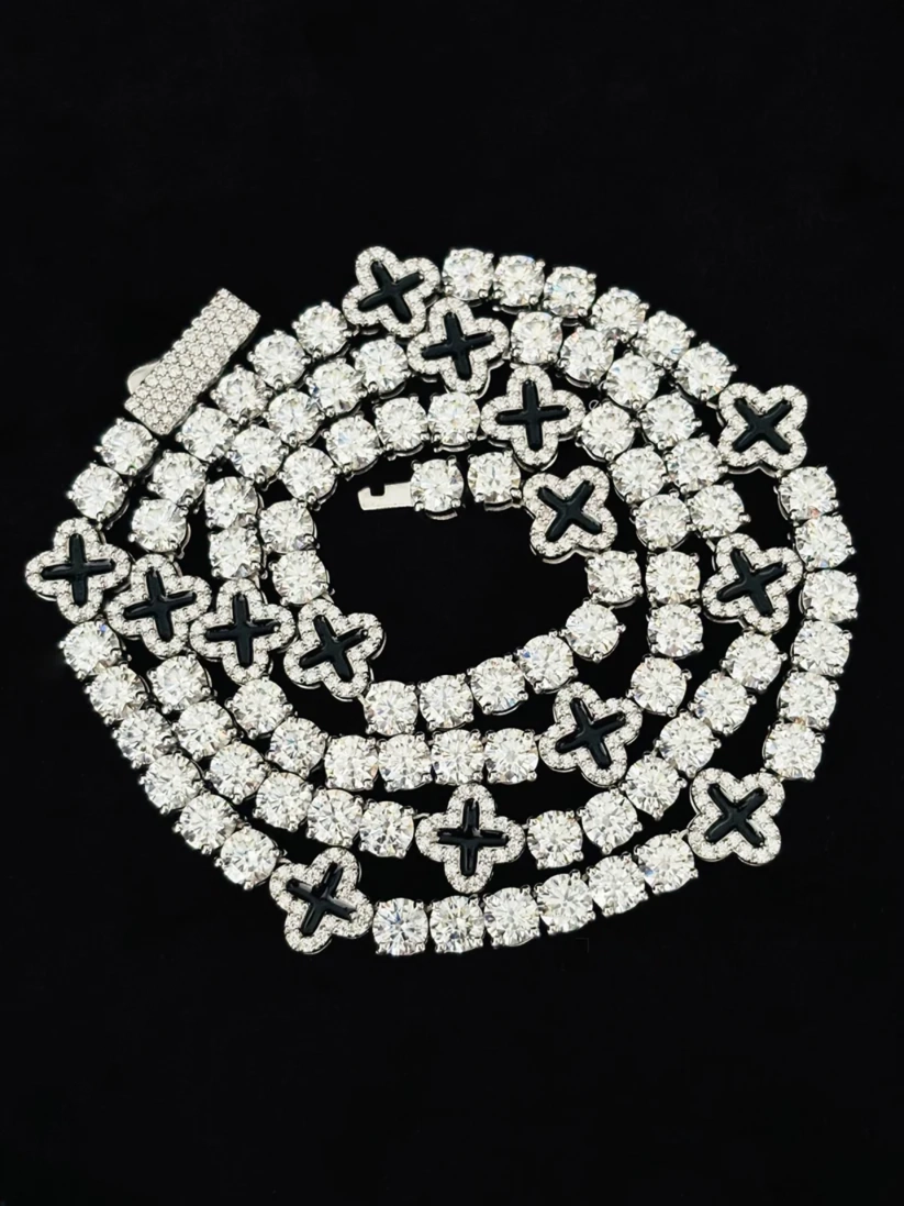 10MM Silver Round Four Leaf Clover Tennis Moissanite Chain For Men