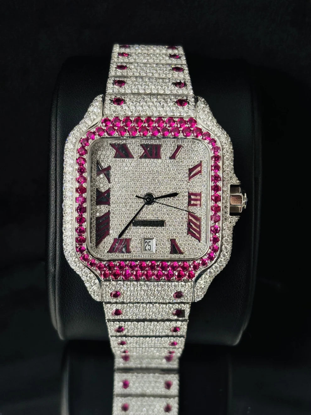 Roman Number Pink Diamond Moissanite Rappers Watch