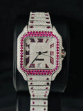 Custom diamond watch with pink ruby bezel and Roman numeral dial