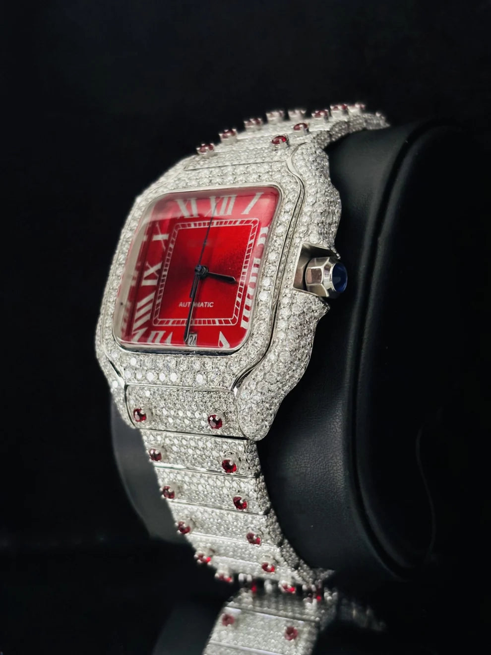 Men's VVS Red Dial Stainless Steel Moissanite Watch