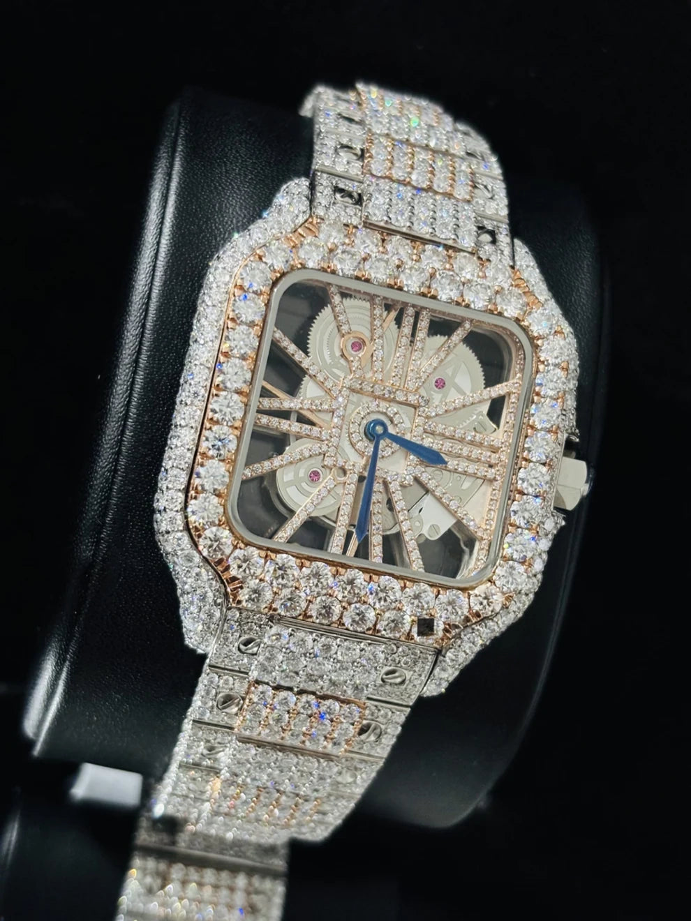 Men Dual Ton Skeleton Dial Fully Ice Out Moissanite Watch