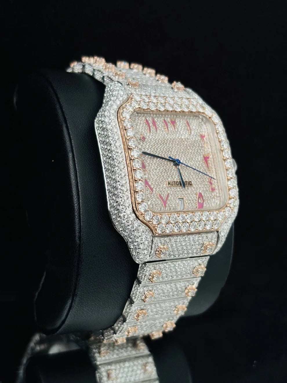 Rose Gold Plated Fully Studded Moissanite Watch For Men