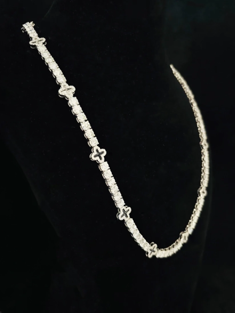 10MM Silver Round Four Leaf Clover Tennis Moissanite Chain For Men