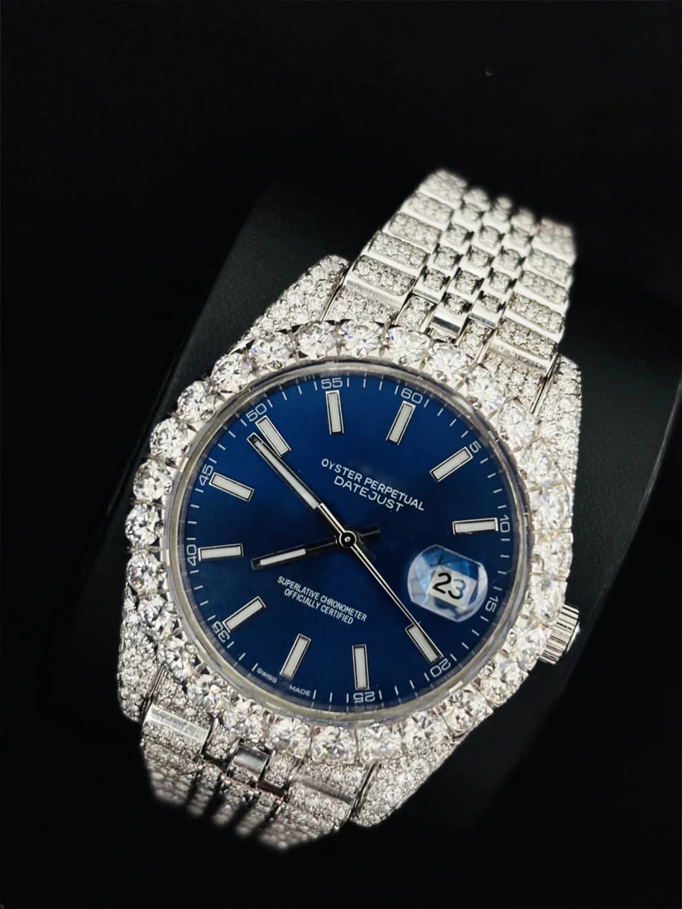 Stainless Steel Jubilee Strap Blue Dial Moissanite Watch