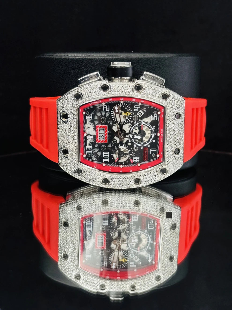 Red Rubber Strap Skeleton Dial Moissanite Automatic Watch