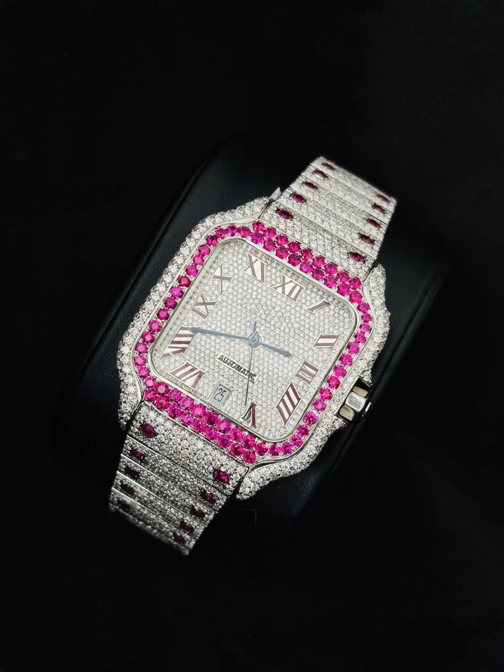 Roman Number Pink Diamond Moissanite Rappers Watch