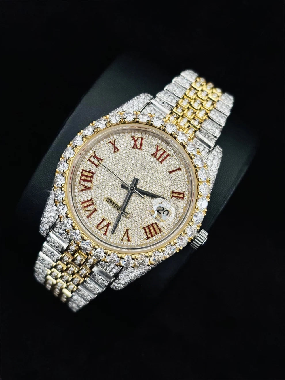 Men Two Tone Red Roman Number Moissanite Rappers Watch