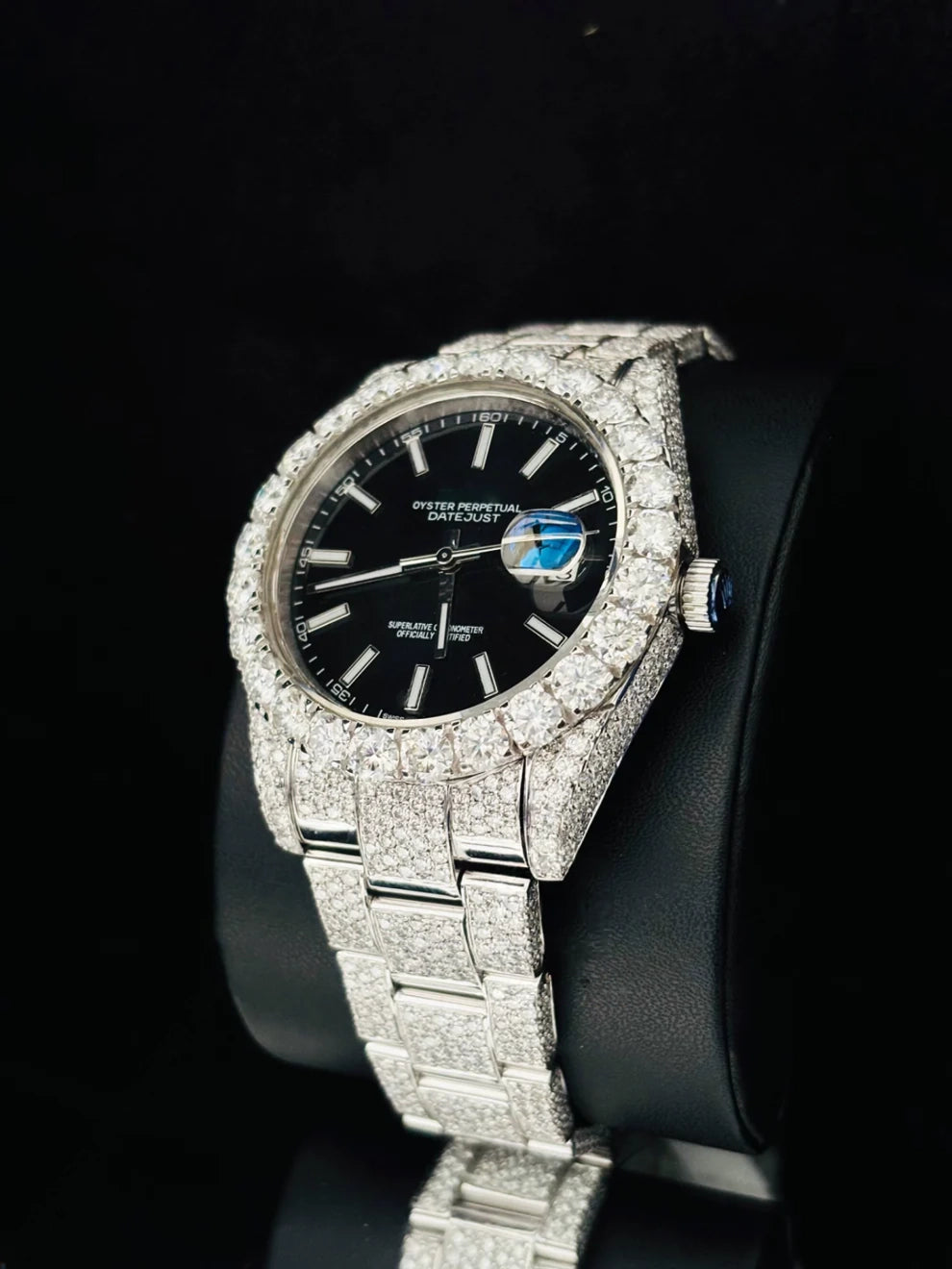 41MM Big Bezel White Bar Black Dial Moissanite Watch