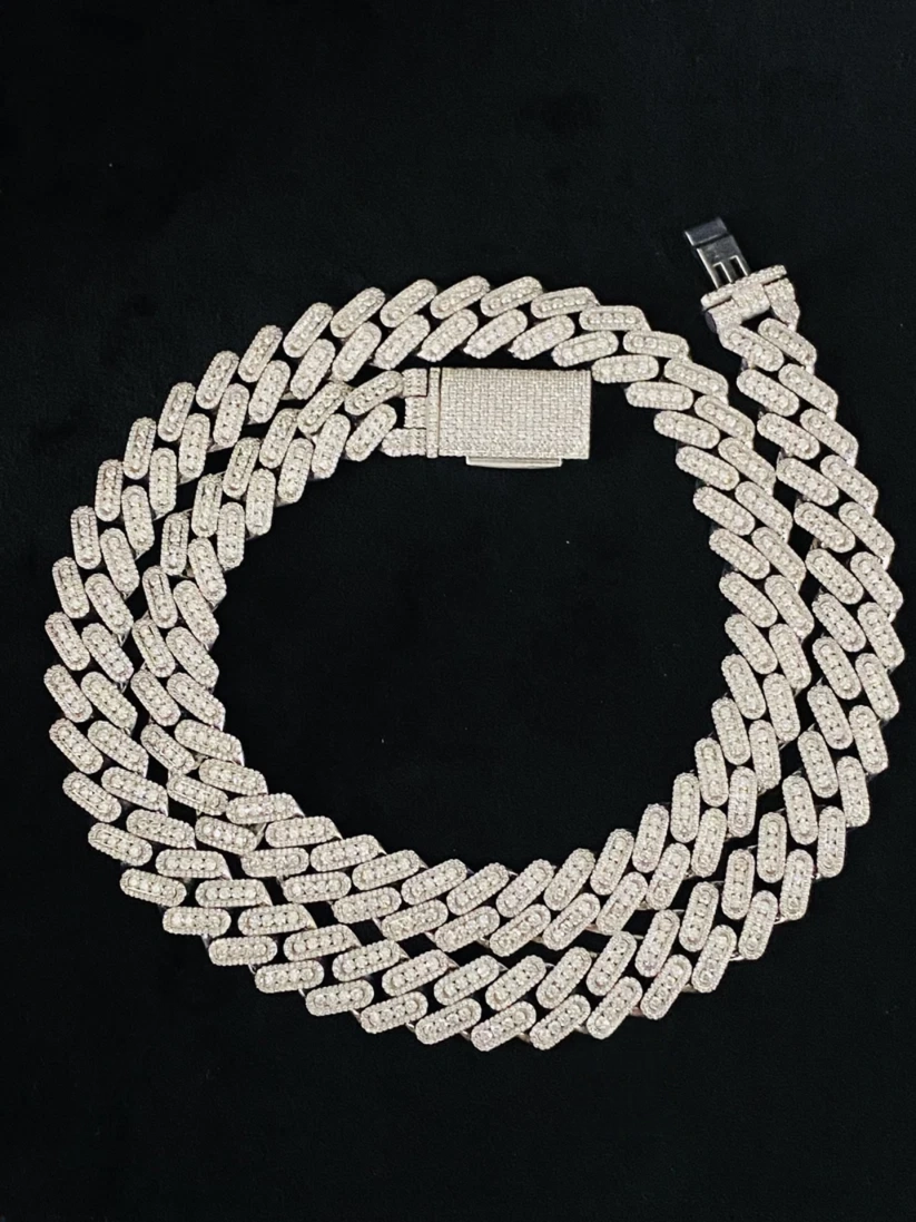 Diamond prong-set iced out Cuban link chain necklace in white gold