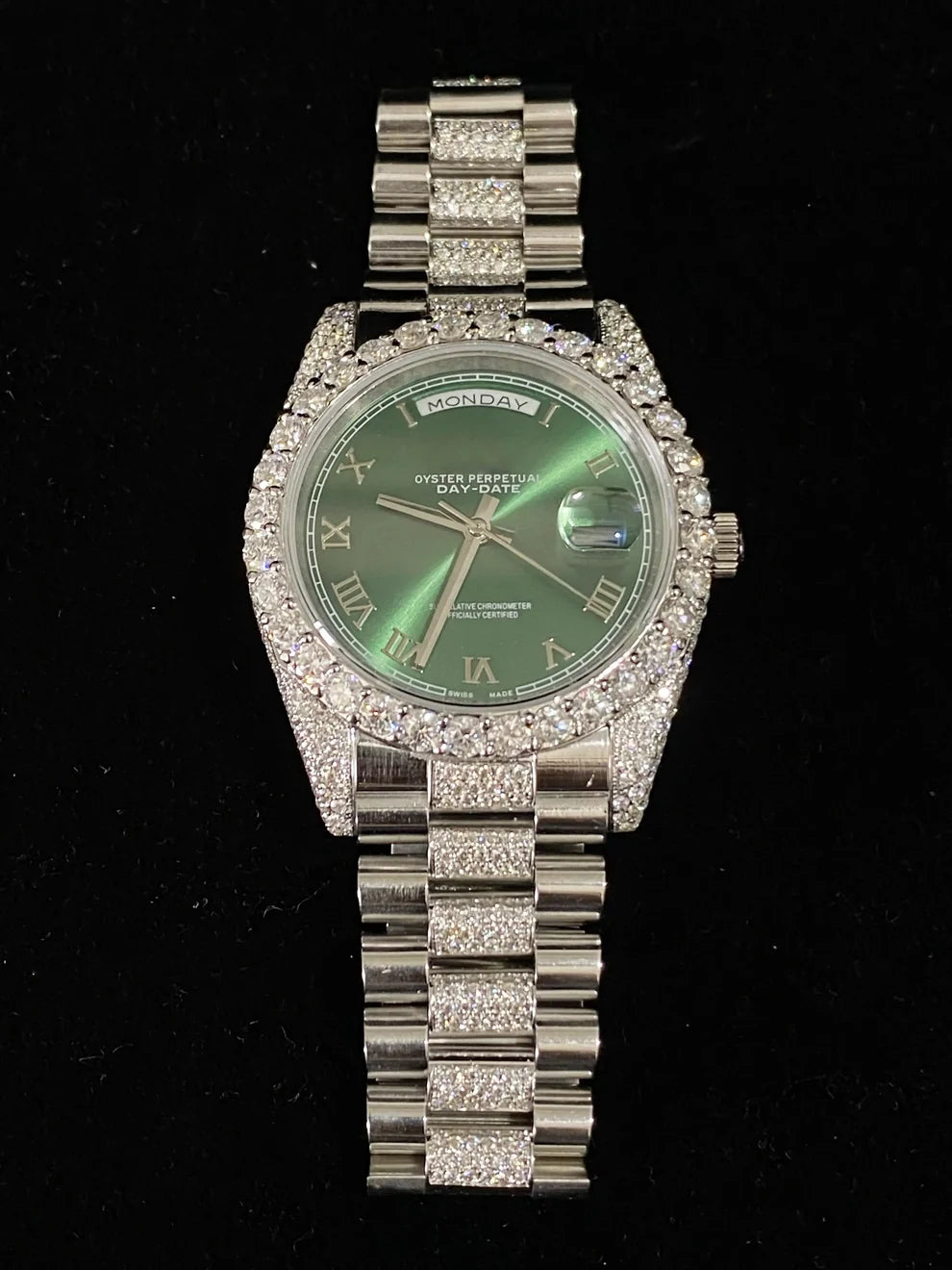 Elegant Olive Green Dial Presidential Strap Moissanite Watch