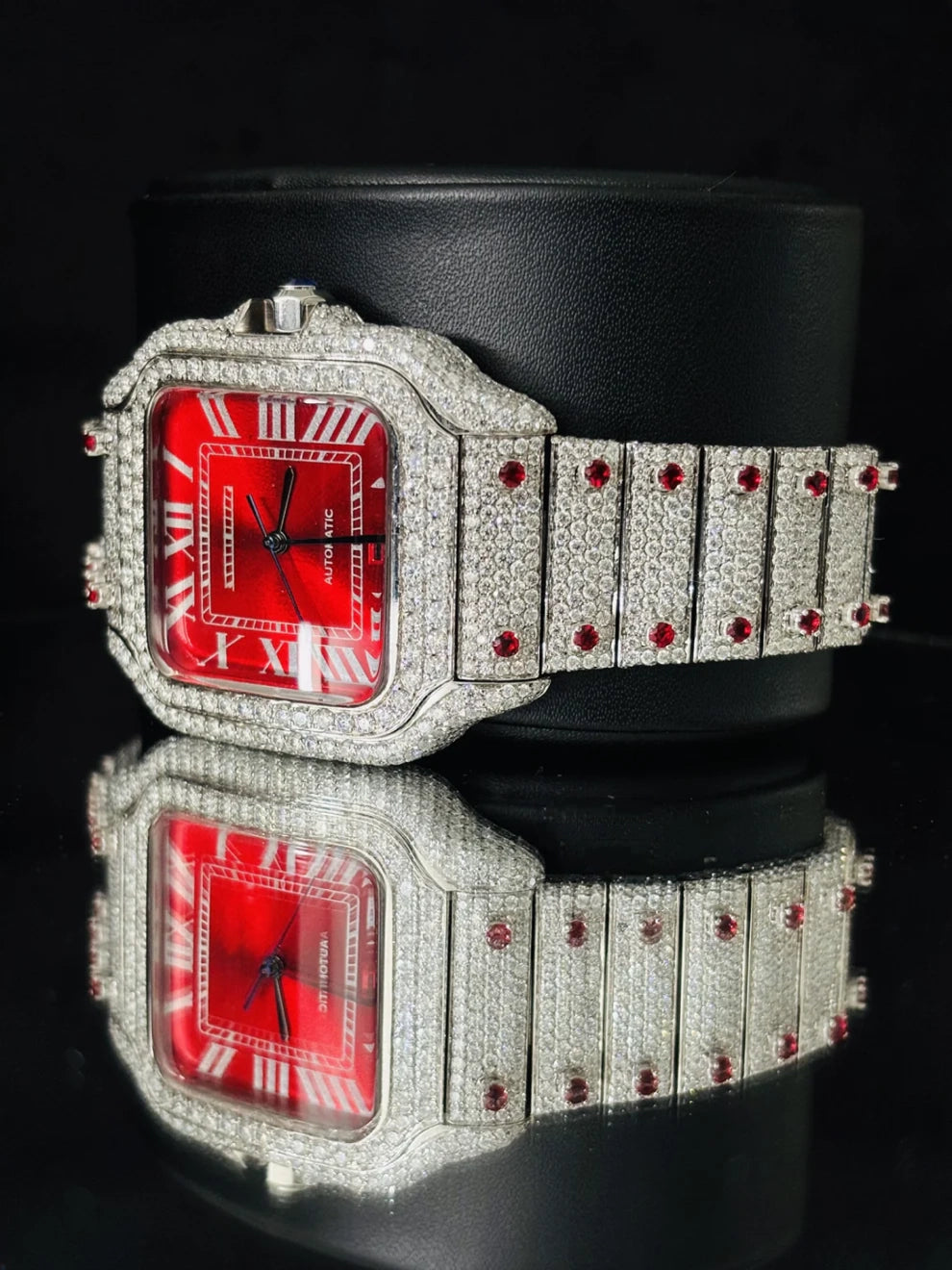 Men's VVS Red Dial Stainless Steel Moissanite Watch