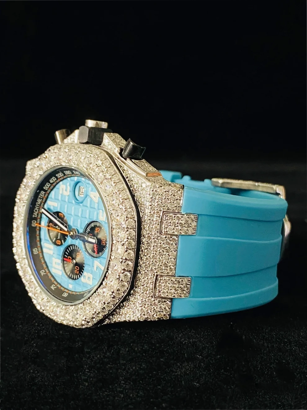 Sky Blue Fully Face Dial Iced Out VVS Moissanite Watch For Men
