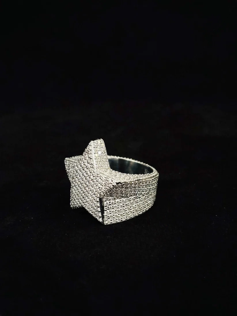 Close-up side view of a chunky silver hip hop ring featuring a sparkling 3D star design.