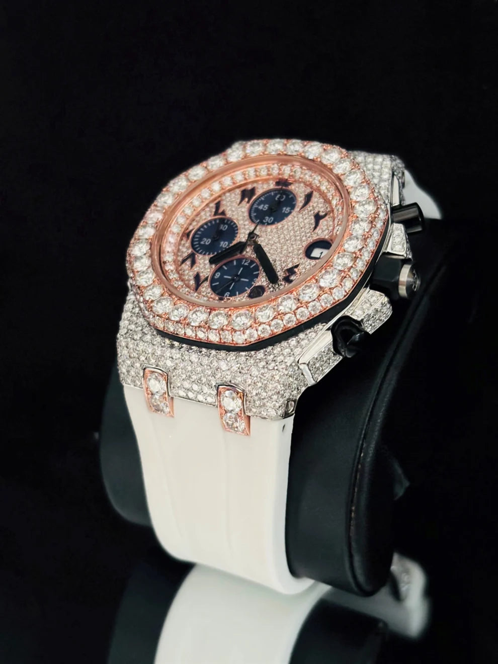 41MM White Rubber Strap Two Tone Multi Dial Moissanite Watch