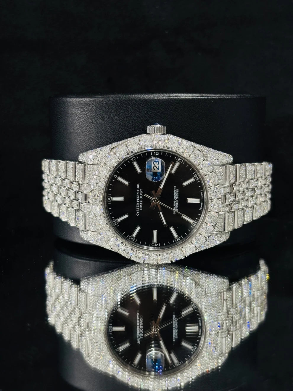 Jubilee Strap Black Dial Bust Down Moissanite Wrist Watch