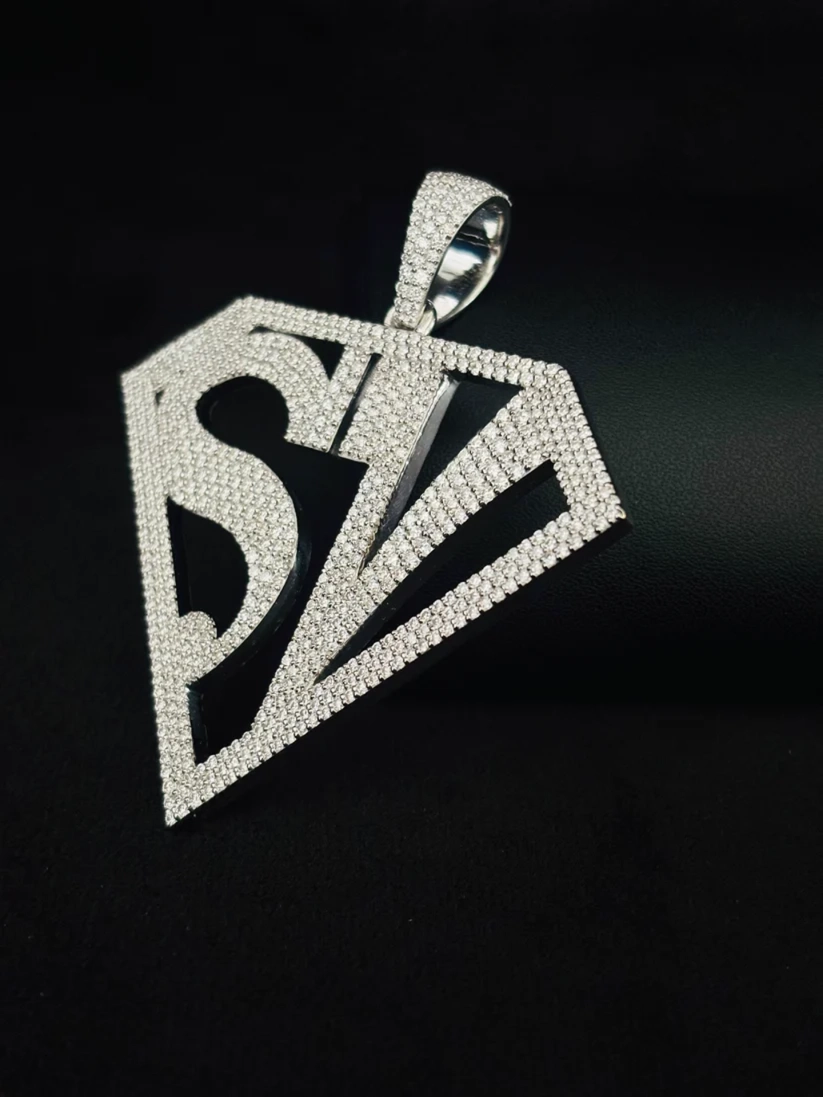 Silver pavé diamond Soopa Villain pendant necklace, iced out SV diamond shaped custom hip hop jewelry 