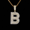 front view Gold letter B bubble initial pendant necklace iced out with pavé set diamonds on a box chain