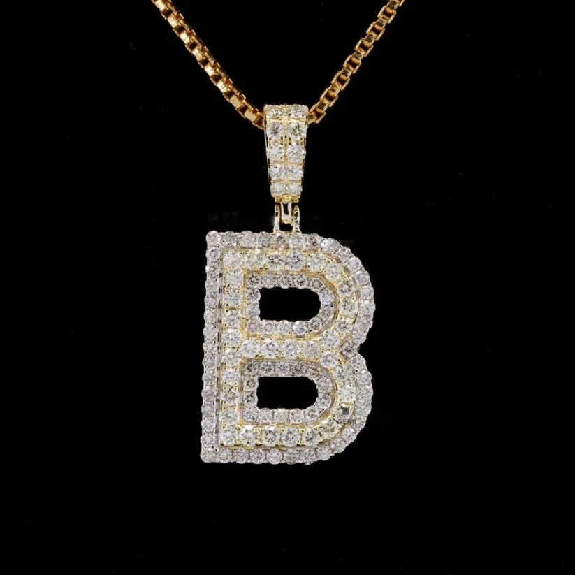 front view Gold letter B bubble initial pendant necklace iced out with pavé set diamonds on a box chain