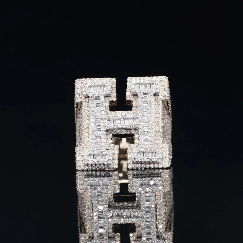 front view of the Custom diamond initial H block ring 