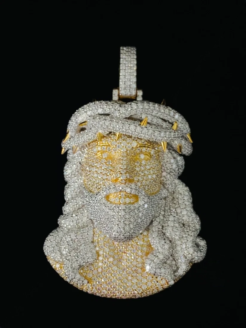 front view Iced out Jesus piece pendant in yellow gold and VVS moissanite diamonds