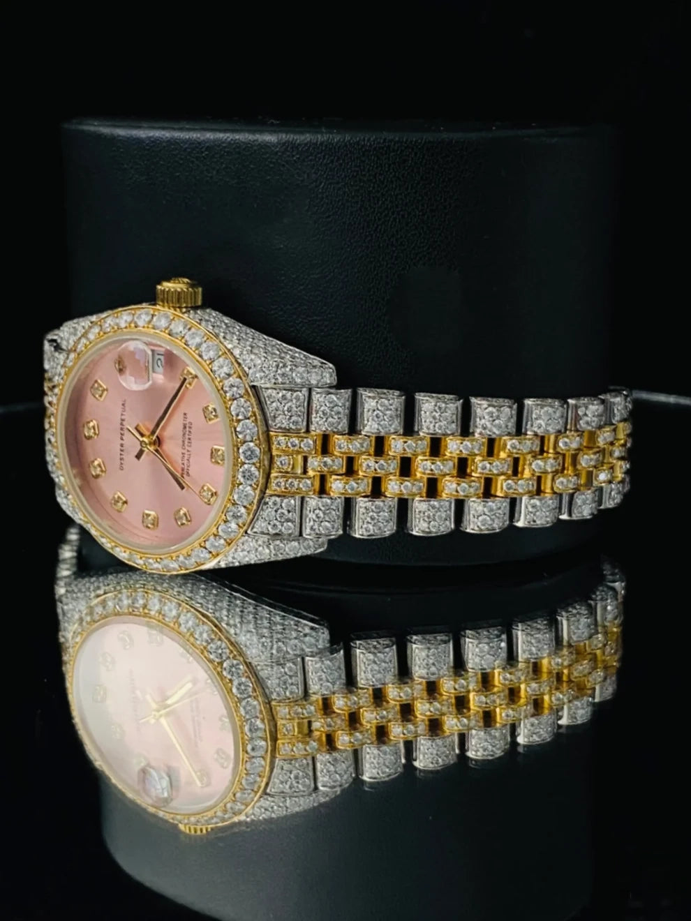 Women's 31MM Two Tone Iced Out Pink Dial Moissanite Watch