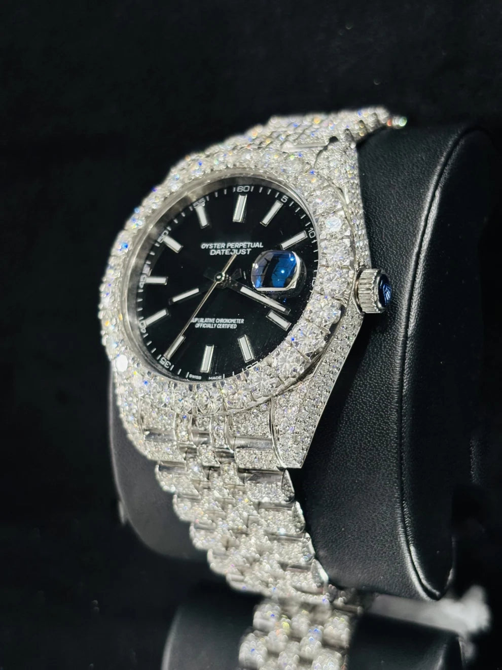 Jubilee Strap Black Dial Bust Down Moissanite Wrist Watch