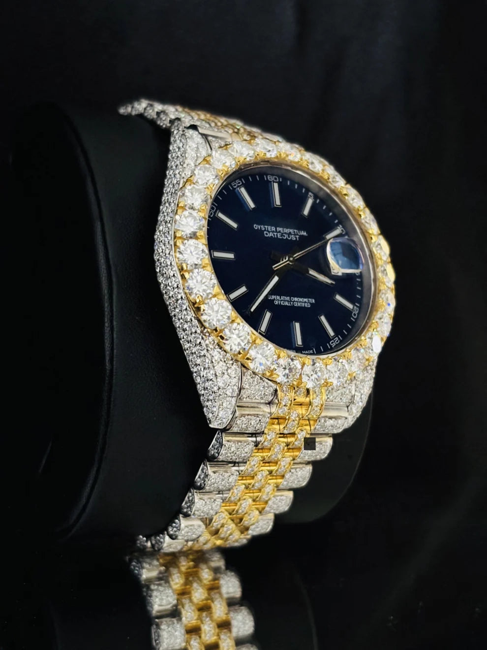 41MM Two Tone Blue Dial Studded Iced Out Moissanite Watch