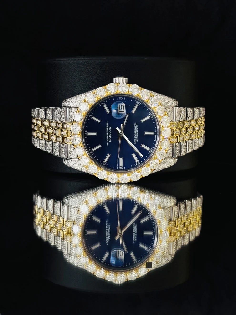41MM Two Tone Blue Dial Studded Iced Out Moissanite Watch