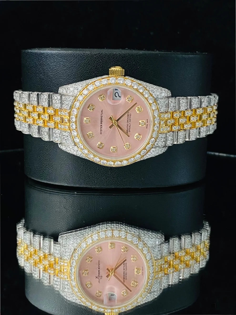 Women's 31MM Two Tone Iced Out Pink Dial Moissanite Watch