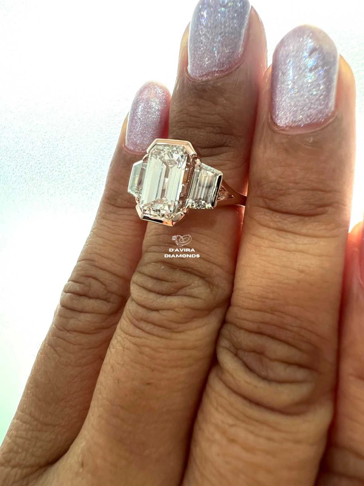 Three Stone Bezel Set Emerald Cut Women Diamond Ring