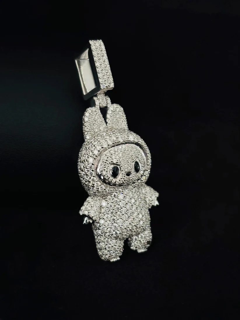 Fully iced out Labubu character pendant encrusted with moissanite diamonds in 925 sterling silver jewelry