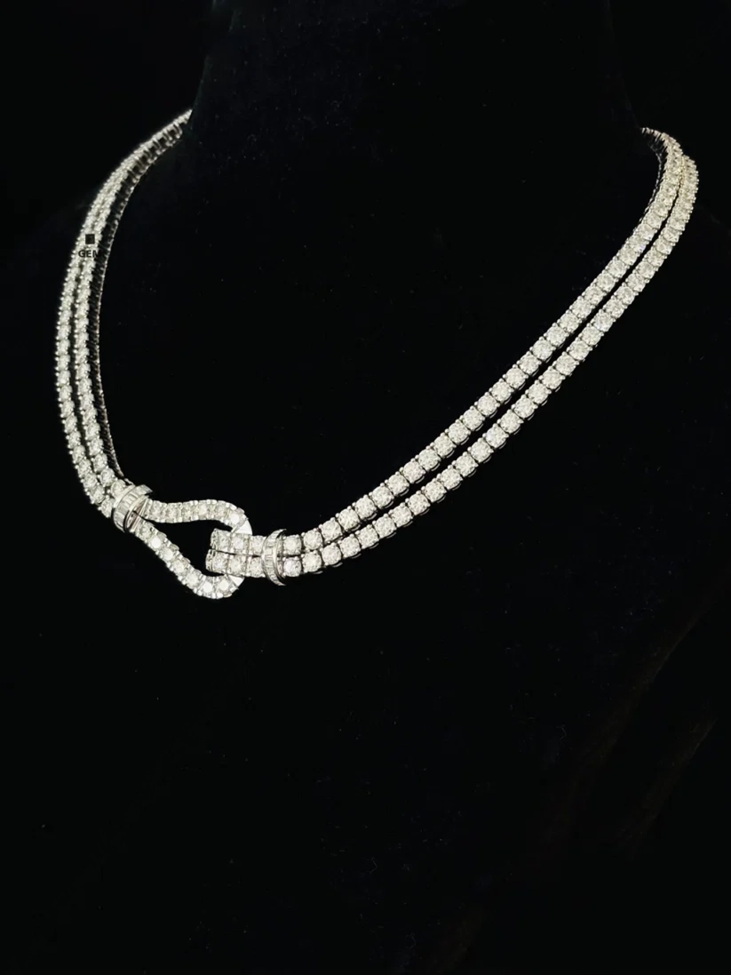 side view of the Two-row diamond tennis necklace with buckle clasp.