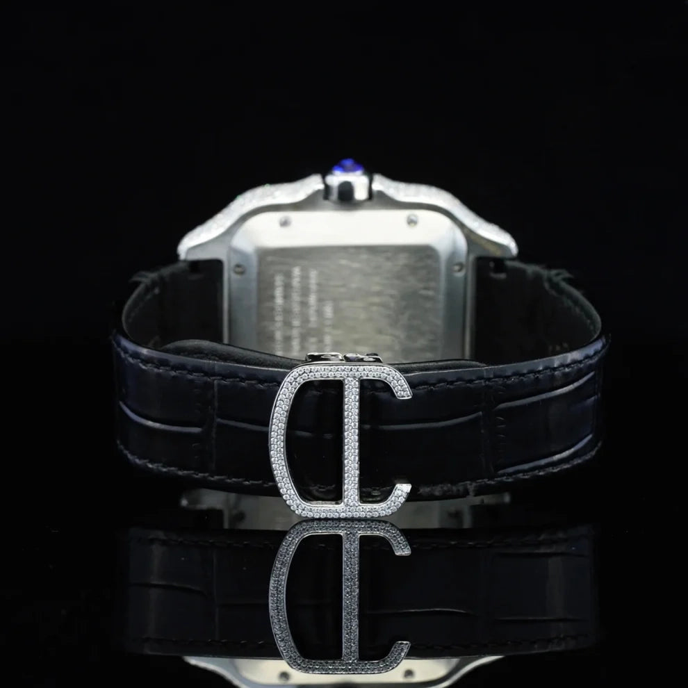 Black Dial Leather Belt Bezel Moissanite Wrist Watch