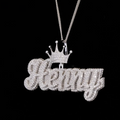 front view Iced out custom nameplate pendant reading 'Henny' in cursive font with a diamond crown accent on a silver chain