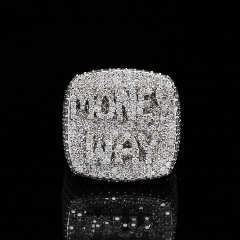 front view of the Chunky silver hip hop ring featuring Money Way iced out letters